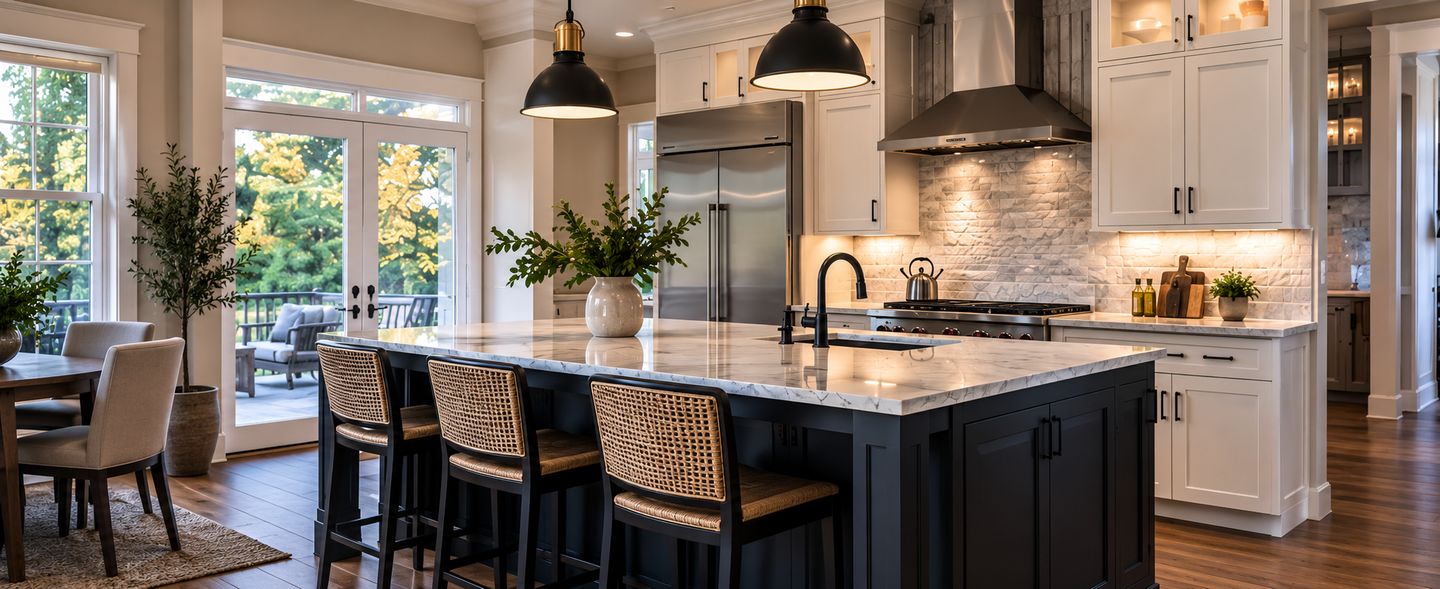 Remodeled kitchen with a dark island, marble countertops, white cabinets and pendant lights, opening to a covered deck